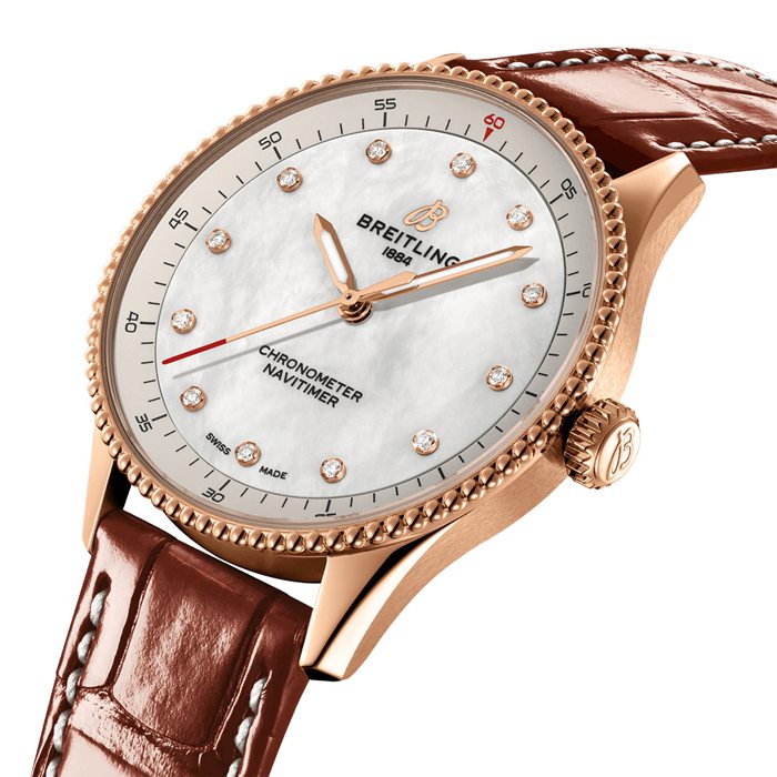 Breitling Navitimer 32mm Dameur Hvid Perlemor Alligator 18k Rødguld R77320E61A1P1 - Billede 3