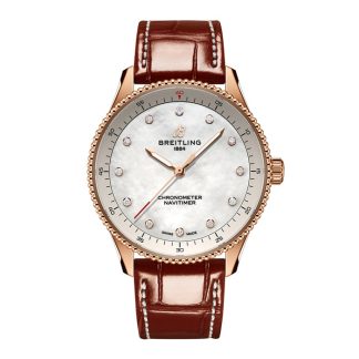 Breitling Navitimer 32mm Dameur Hvid Perlemor Alligator 18k Rødguld R77320E61A1P1