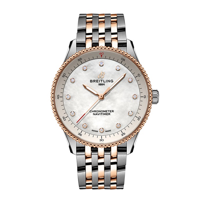 Breitling Navitimer 32mm dameur Hvid perlemor rustfrit stål og 18k rødguld U77320E61A1U1