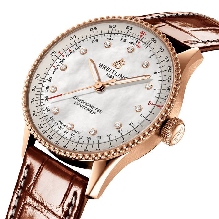 Breitling Navitimer 36mm Dameur Hvid Perlemor Alligator 18k Rødguld R17327211A1P1 - Billede 3