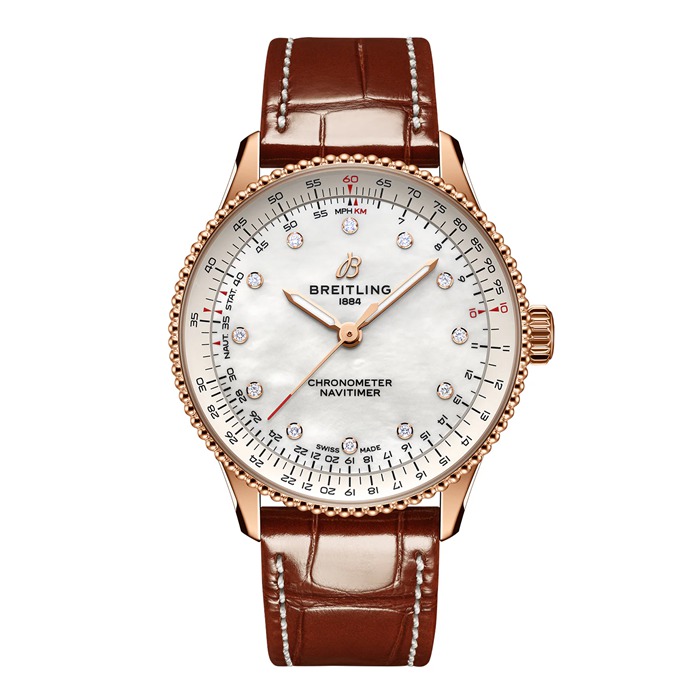 Breitling Navitimer 36mm Dameur Hvid Perlemor Alligator 18k Rødguld R17327211A1P1