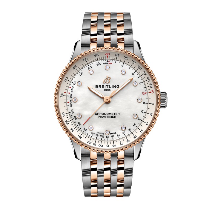 Breitling Navitimer 36mm Dameur Hvid Perlemor Rustfrit Stål og 18k Rødguld U17327211A1U1