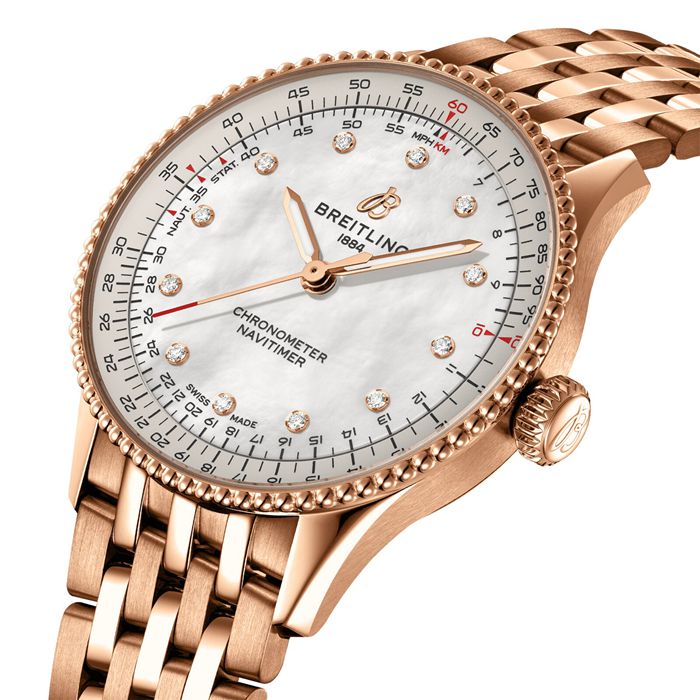 Breitling Navitimer 36mm dameur hvid perlemor 18k rødguld R17327211A1R1 - Billede 3