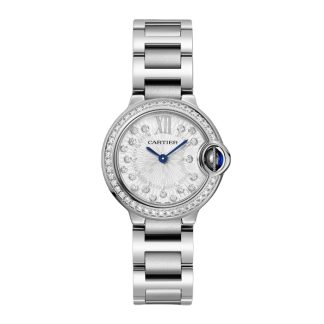 Cartier Ballon Bleu de Cartier ur 28 mm kvartsværk Stålkasse riflet stålkrone besat med en syntetisk cabochonformet spinel W4BB0034