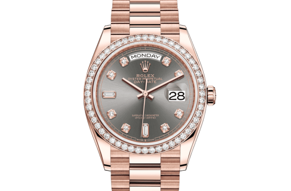 Replica Rolex Day-Date 36 Oyster 36 mm Everose guld og diamanter 128345RBR
