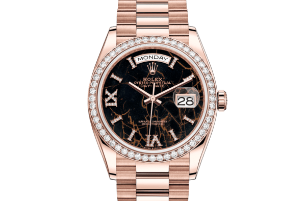 Replica Rolex Day-Date 36 Oyster 36 mm Everose guld og diamanter 128345RBR