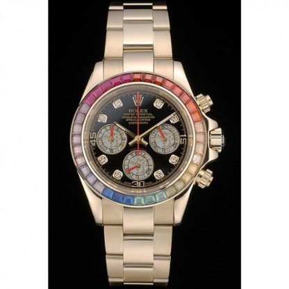 Replica Rolex Daytona Cosmograph Rainbow Crystals Bezel Rose Gold Strap Black Dial 80251 - Billede 2