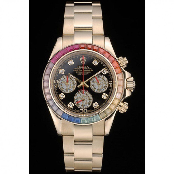Replica Rolex Daytona Cosmograph Rainbow Crystals Bezel Rose Gold Strap Black Dial 80251 - Billede 2