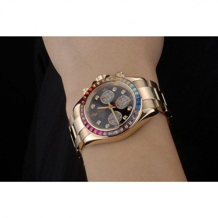 Replica Rolex Daytona Cosmograph Rainbow Crystals Bezel Rose Gold Strap Black Dial 80251 - Billede 11