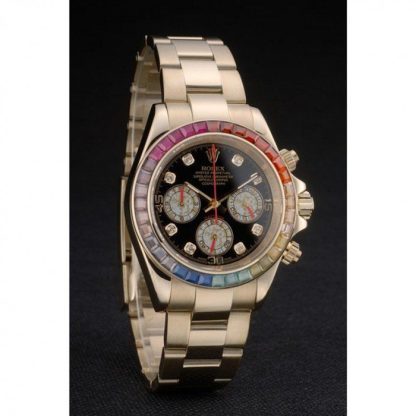Replica Rolex Daytona Cosmograph Rainbow Crystals Bezel Rose Gold Strap Black Dial 80251 - Billede 3