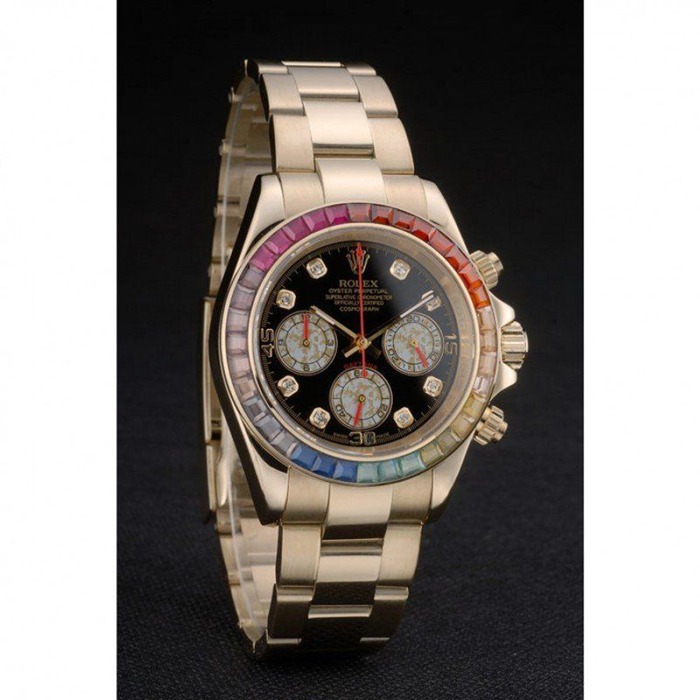 Replica Rolex Daytona Cosmograph Rainbow Crystals Bezel Rose Gold Strap Black Dial 80251 - Billede 3