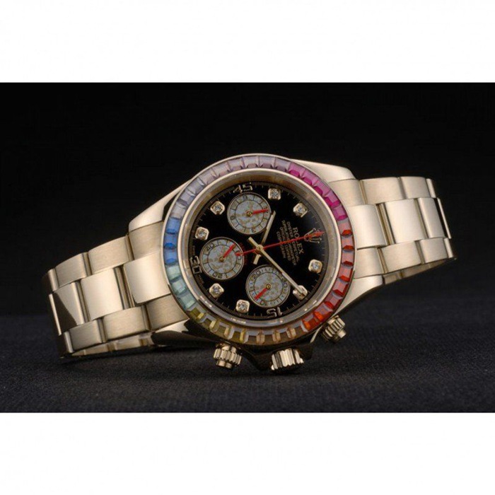 Replica Rolex Daytona Cosmograph Rainbow Crystals Bezel Rose Gold Strap Black Dial 80251 - Billede 4