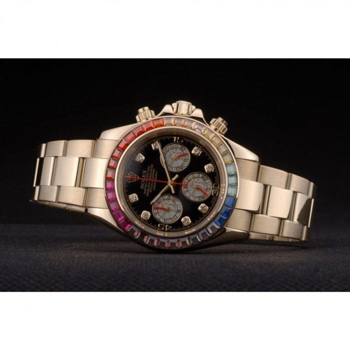 Replica Rolex Daytona Cosmograph Rainbow Crystals Bezel Rose Gold Strap Black Dial 80251 - Billede 5