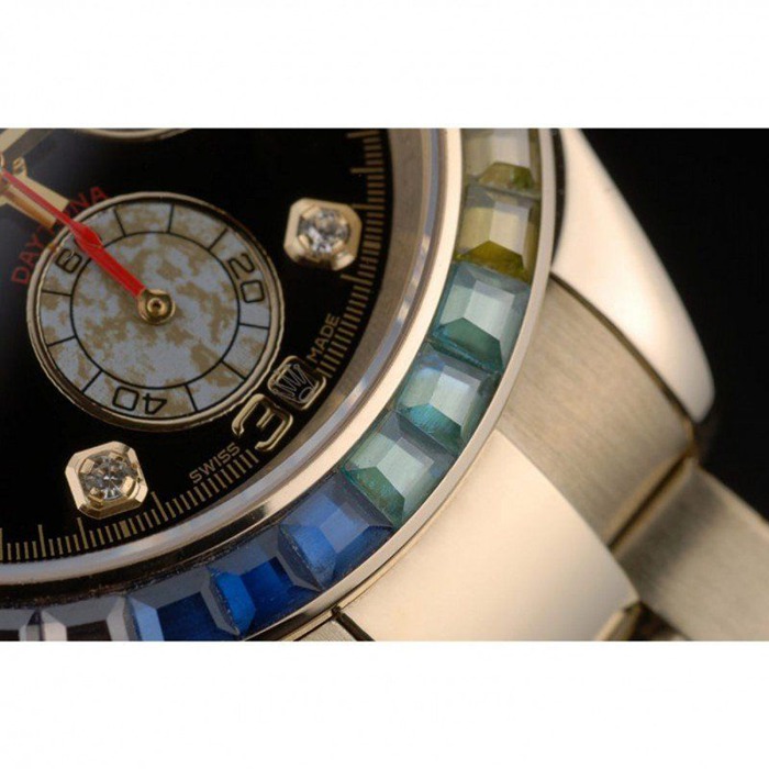 Replica Rolex Daytona Cosmograph Rainbow Crystals Bezel Rose Gold Strap Black Dial 80251 - Billede 10