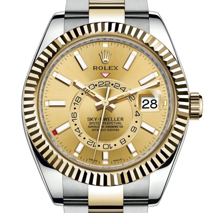 Replica Rolex Sky-Dweller Oyster 42 mm østersølje og gult guld 326933